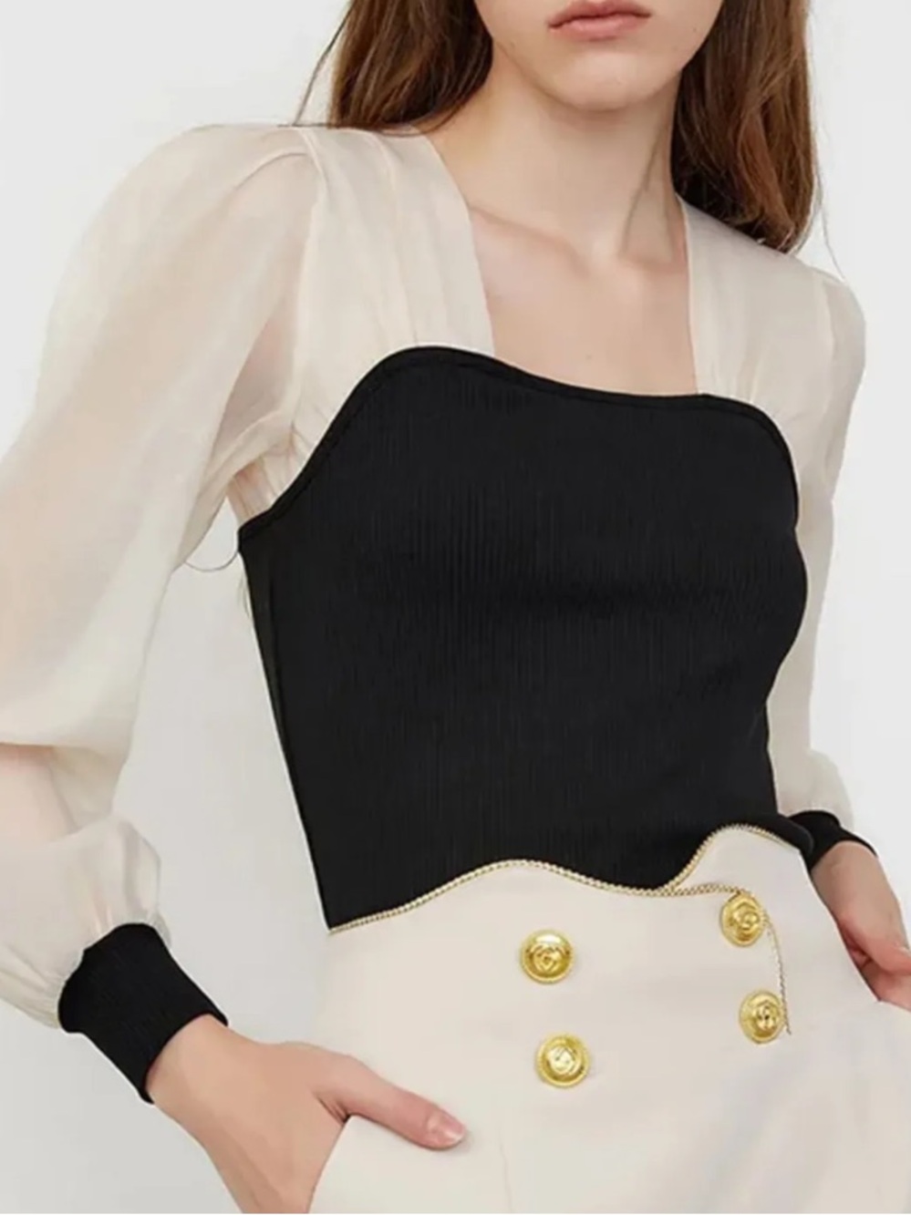 Sheer Sleeve Black & Cream Contrast Women’s Top